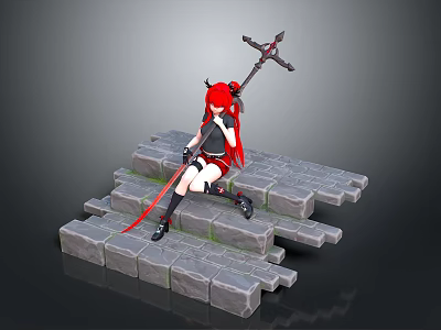 Gray Stone Steps With Red Haired Horned Character Sitting And Holding Spear 3d model