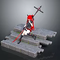 Gray Stone Steps With Red Haired Horned Character Sitting And Holding Spear