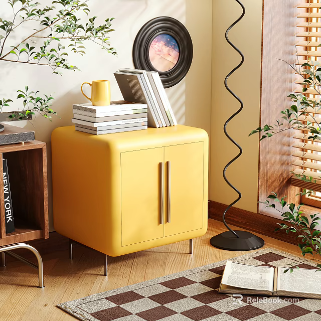 Stylish Yellow Leather Nightstand with Cabinet Doors Metal Handles Stacked Books Yellow Mug Green Plants 3d model 