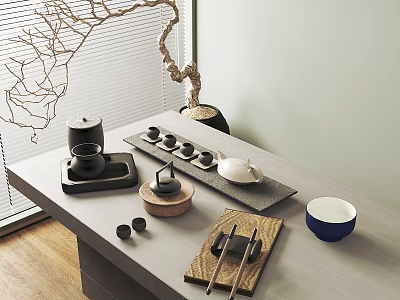 Modern Ceramic Tea Set with Teapot Teacups Tea Tray Wooden Tray Blue Bowl and Chopsticks 3d model
