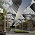 Bustling Commercial Street With Umbrella Shaped Canopies Traditional Architecture Modern Design And Pedestrians