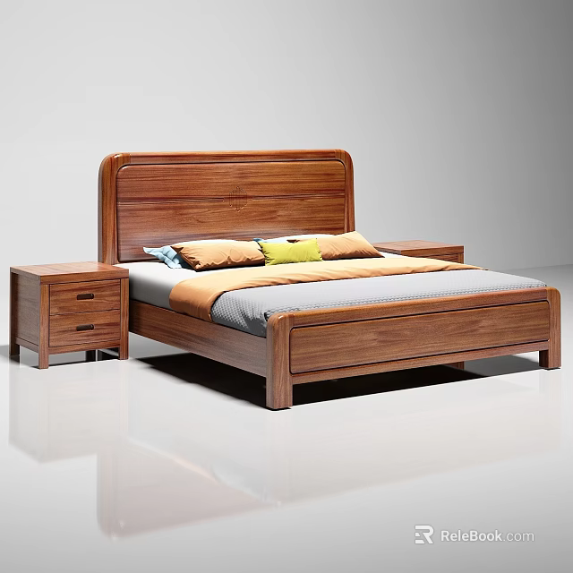 Modern Wooden Double Bed Frame With Nightstands And Colorful Pillows 3d model 
