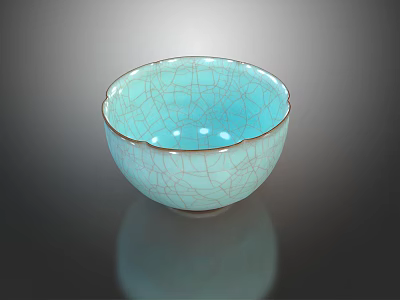 Elegant Ceramic Tableware Set With Light Blue Crackle Texture And Gold Rim 3d model