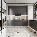 Modern Kitchen Interior Design With Dark Gray Cabinets Large Window And Marble Floor