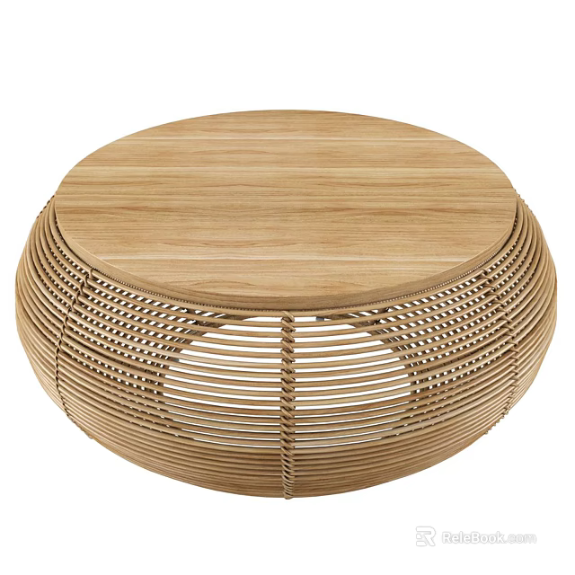 Stylish Round Coffee Table With Wooden Top And Woven Rattan Design For Living Room 3d model 