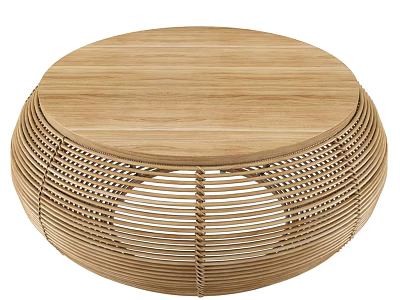 Stylish Round Coffee Table With Wooden Top And Woven Rattan Design For Living Room 3d model
