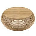 Stylish Round Coffee Table With Wooden Top And Woven Rattan Design For Living Room
