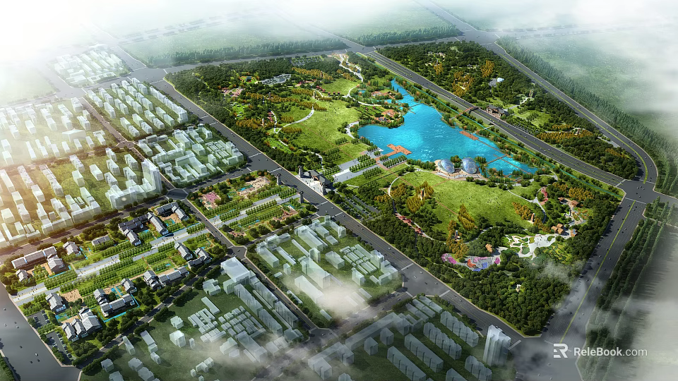 Urban Square Landscape Featuring Central Lake Lush Green Spaces Pedestrian Paths And Surrounding Buildings 3d model 