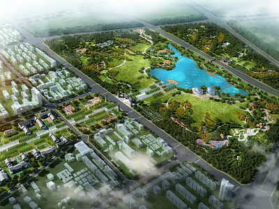 Urban Square Landscape Featuring Central Lake Lush Green Spaces Pedestrian Paths And Surrounding Buildings 3d model