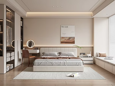 Modern Minimalist Bedroom Interior Design With Bed Nightstand Mirror And Decorative Artwork 3d model