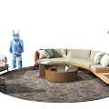 Modern Beige Curved Sofa And Coffee Table Set With Throw Pillows Round Wooden Table And Rug