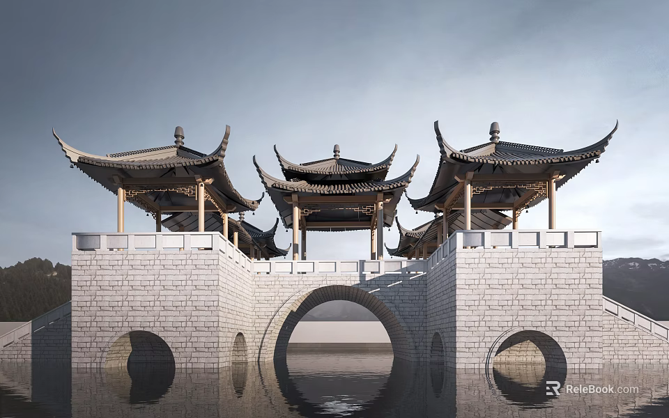 Chinese Style Landscape Bridge with Stone Arch and Pavilions Featuring Curved Eaves Over Water 3d model 