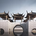 Chinese Style Landscape Bridge with Stone Arch and Pavilions Featuring Curved Eaves Over Water