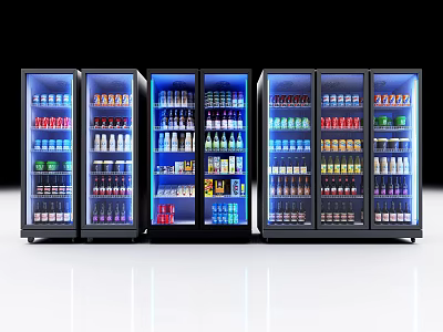Black Refrigerator Cabinets With Various Drinks Bottles And Cans Under Blue Lighting 3d model
