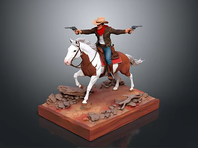 Cowboy Riding Horse Statue Scene With Dual Guns Rocks And Sand Base 3d model