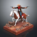 Cowboy Riding Horse Statue Scene With Dual Guns Rocks And Sand Base