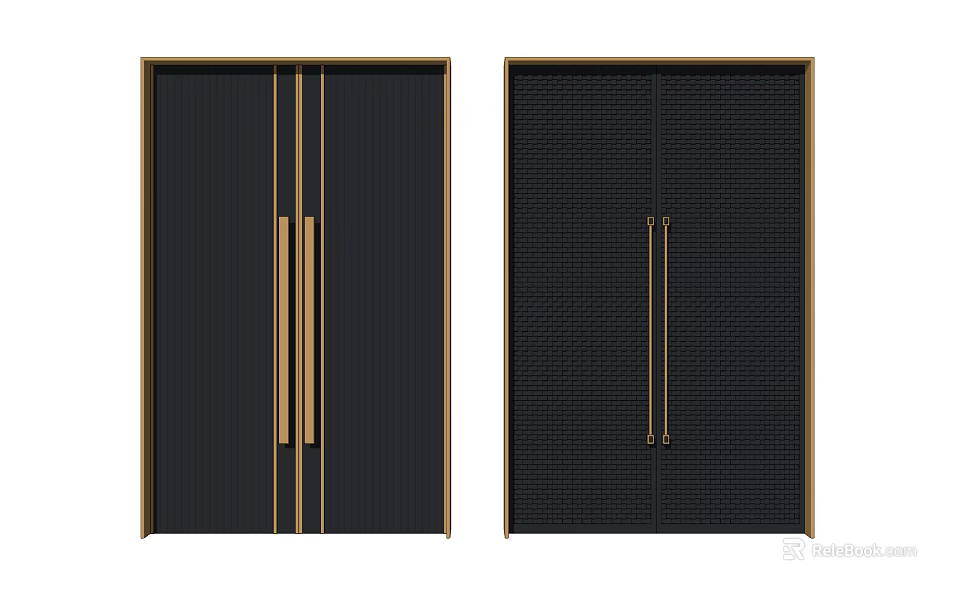Modern Black Double Doors With Gold Handles And Different Panel Designs 3d model 