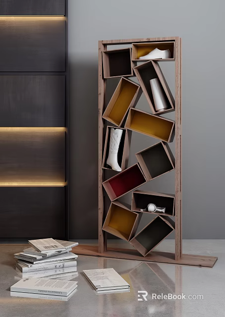 Modern Wooden Bookshelf With Irregular Compartments And Colorful Storage Spaces 3d model 