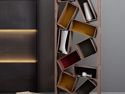 Modern Wooden Bookshelf With Irregular Compartments And Colorful Storage Spaces 3d model