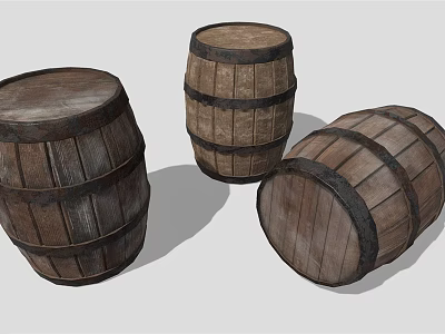 Decorative Ornament Set Three Vintage Wooden Barrels With Metal Hoops For Home Decor 3d model