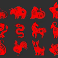 Red Paper Cut Style Chinese Zodiac Animal Paintings With Intricate Patterns