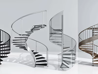 Stylish Modern Spiral Staircase Design With Metal Handrail Glass Railing And Wooden Steps 3d model