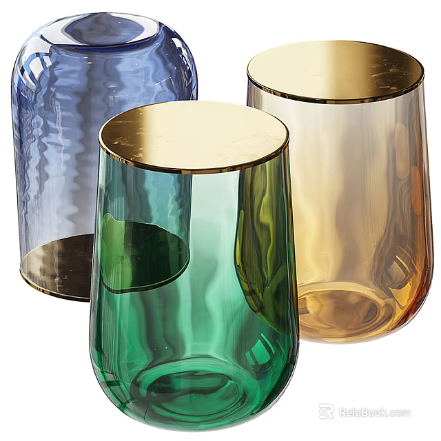 Colorful Transparent Glass Side Tables With Blue Green Amber Hues And Golden Rims 3d model 