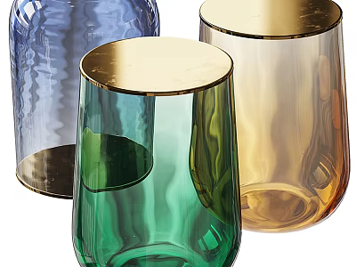 Colorful Transparent Glass Side Tables With Blue Green Amber Hues And Golden Rims 3d model