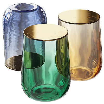 Colorful Transparent Glass Side Tables With Blue Green Amber Hues And Golden Rims 3d model