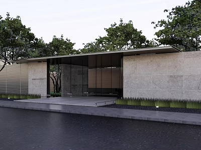 Modern Entrance Gate With Glass Door Stone Wall And Surrounding Trees 3d model