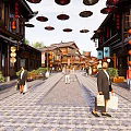 Traditional Commercial Street Night View With Ancient Buildings Lanterns And Pedestrians
