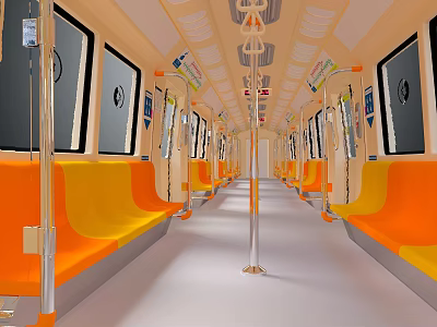 Modern Subway Car Interior With Orange Yellow Seats Handrails And Windows 3d model