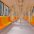 Modern Subway Car Interior With Orange Yellow Seats Handrails And Windows