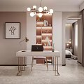 Modern Bedroom Interior with Bed Pillows Nightstand Pendant Lights Area Rug and Desk Chair