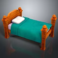 Traditional Wooden Bed With Carved Posts Green Blanket And White Pillow