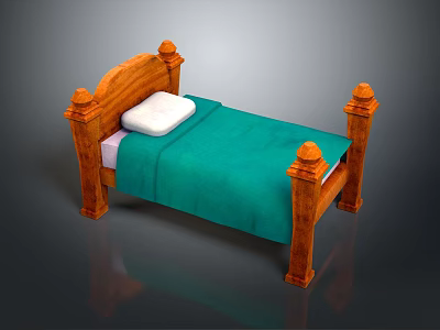 Traditional Wooden Bed With Carved Posts Green Blanket And White Pillow 3d model