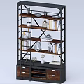 Industrial Style Bookshelf with Metal Frame Wooden Drawers Books and Decorative Lamps