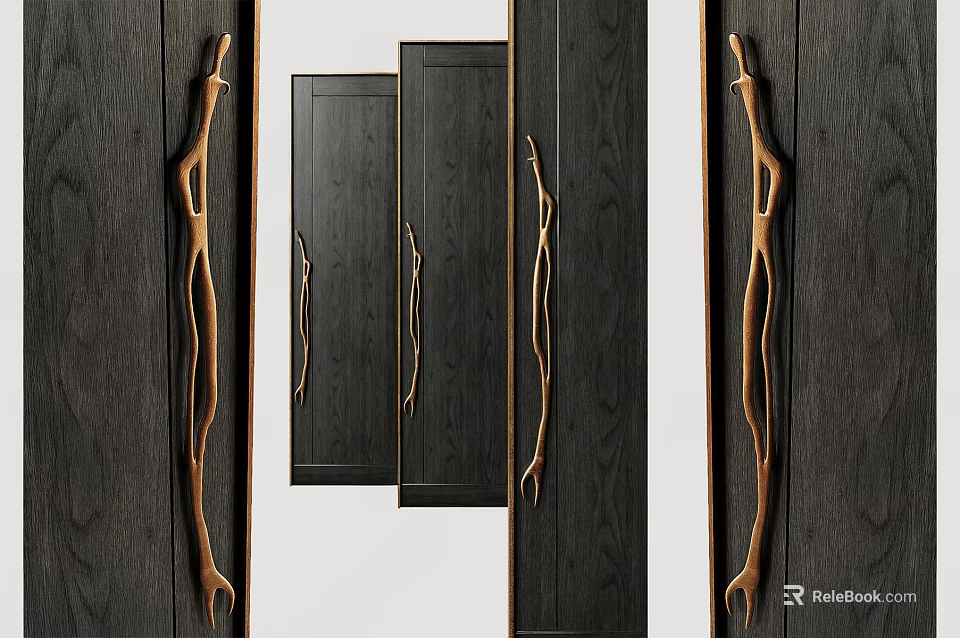 Elegant Brass Door Handles On Dark Wooden Cabinet Doors Various Designs 3d model 
