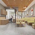 Cozy Restaurant Interior With Chefs Working Behind Counter Food Display Screens And Wooden Furniture
