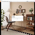 Wooden Desk With Table Lamp Small Plant Clock Mug Decorative Paintings Round Mirror And Bookshelf