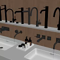 Bathroom Faucets And Sinks Display With Wooden Wall And Toiletries On Countertop