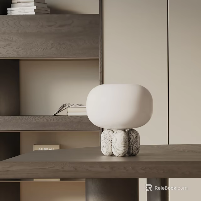 Modern Table Lamp with White Round Shade and Textured Base on Wooden Tabletop Near Bookshelf 3d model 