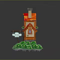 Cartoon House Scene With Red Roof Bakery Sign Green Plants Stone Path And Awning