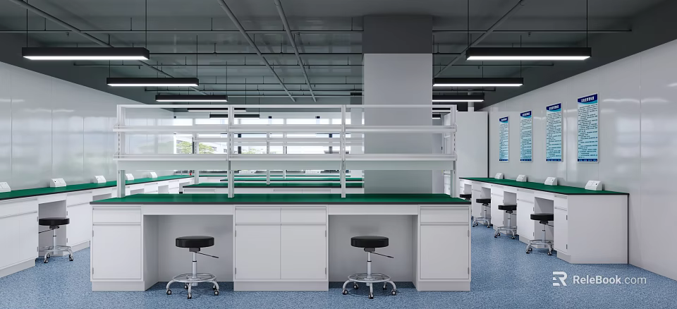 Modern Laboratory Interior With White Cabinets Green Countertops And Stools 3d model
