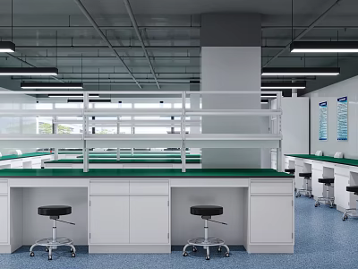 Modern Laboratory Interior With White Cabinets Green Countertops And Stools 3d model