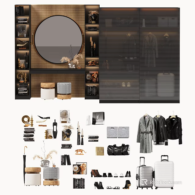 Elegant Dressing Table With Round Mirror And Storage Shelves Decorative Items Cosmetics And Clothing Hangers 3d model 