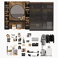 Elegant Dressing Table With Round Mirror And Storage Shelves Decorative Items Cosmetics And Clothing Hangers