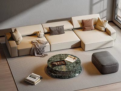 Modern Beige Sofa and Round Marble Coffee Table Set with Cushions Blanket Ottoman and Rug 3d model