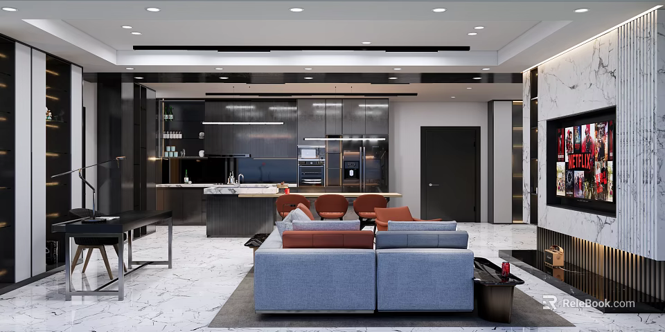 Modern Living Dining Room Interior With Blue Sofa Dining Table And Recessed Lighting 3d model 