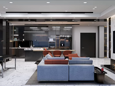 Modern Living Dining Room Interior With Blue Sofa Dining Table And Recessed Lighting 3d model
